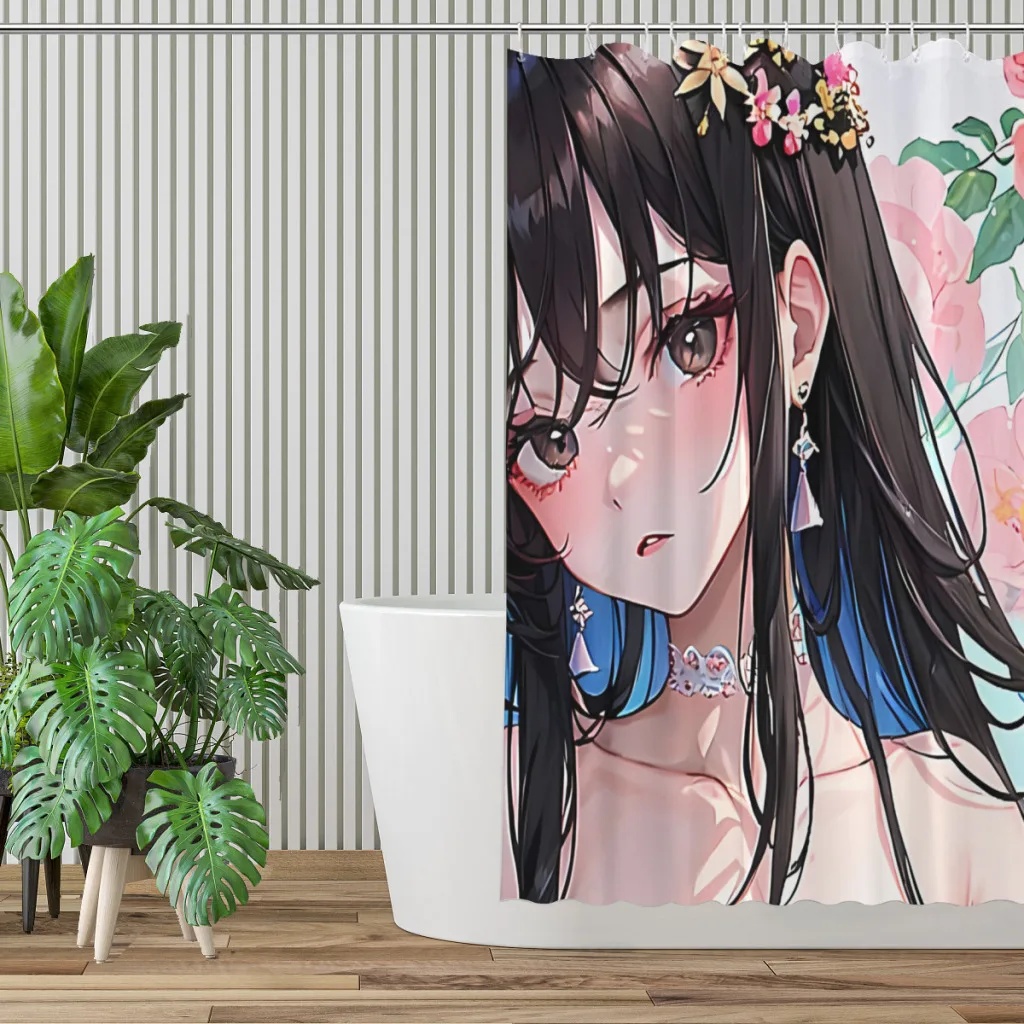 Cute Black-Haired Anime Girl Bathroom Shower Curtains Anime Girl Waterproof Partition Curtain Designed Home Decor Accessories