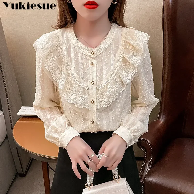 

Spring New Long Sleeve Harajuku Shirts Elegant French Blouse Women Temperament Sweet Ruffles Loose Casual Tops Sense of Design
