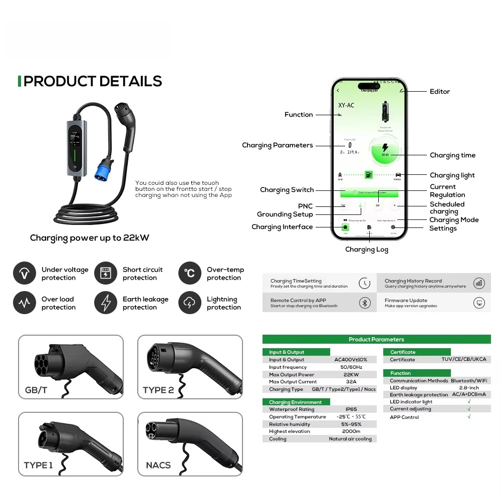 APP and RFID 11.5KW 48A Nacs EV Charger Wallbox with 4.3-inch Colour LCD Screen Compatible