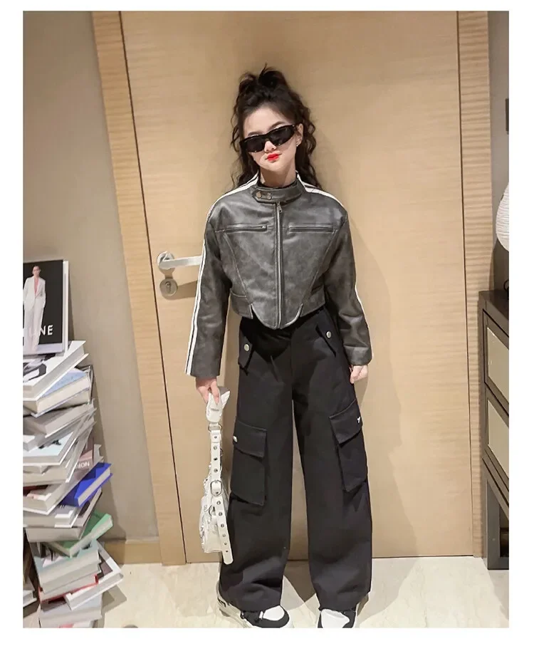 teen Girls motorcycle leather jacket 2024 childrens autumn 4-14 Korean tops coat for girls Casual glossy patent Kids Outerwear