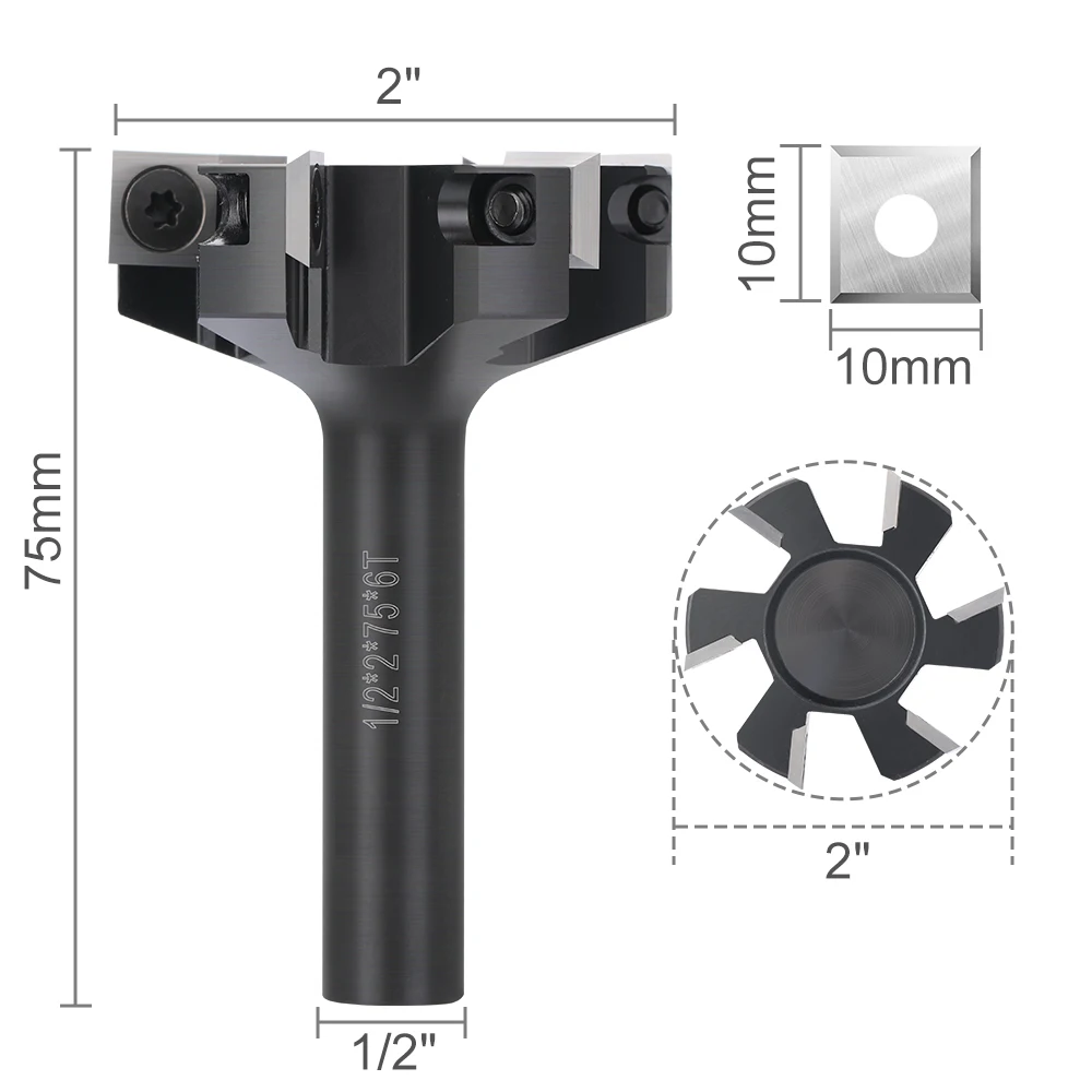 CMCP 6Flute Wood Planer Bit 1/2 Shank 50.8mm Cutting Diameter Spoilboard Surfacing Router Bit Insert Carbide Slab Milling Cutter