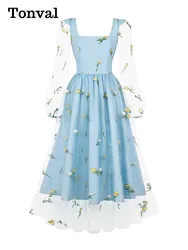 Tonval Vintage Floral Mesh Elegant Long Dresses 2026 Spring Women Square Neck Bishop Sleeve Pockets Retro Party Midi Dress