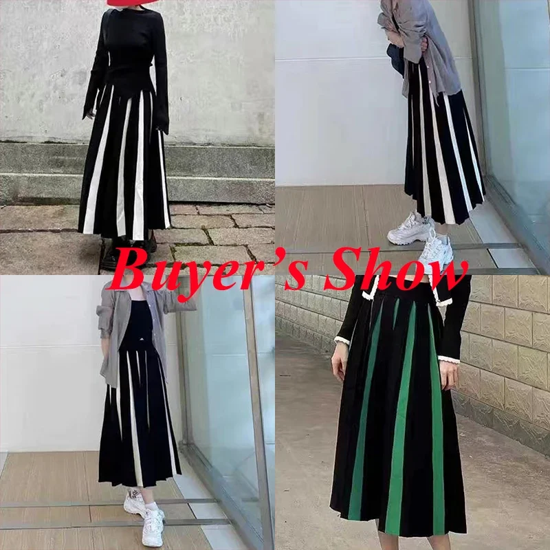 Fashion Patchwork Knitted Long Skirt Women 2024 Spring High Waist Pleated Skirt Woman Chic Striped Mixed Color Midi Skirts Mujer