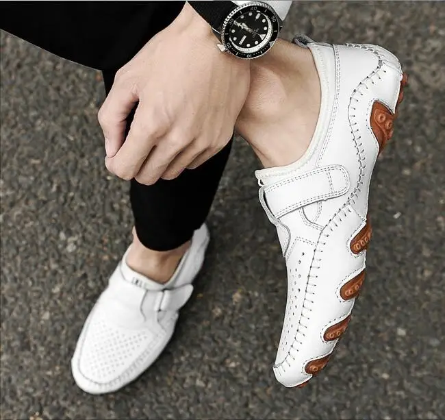 Genuine Leather Men Shoes Casual Hollow Out Men Loafers Summer Breathable Driving Shoes Slip on Shoes