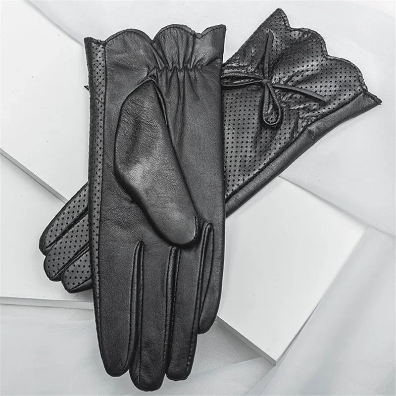 Summer Driving Leather Sheepskin Gloves Female Touch Screen Thin Single Layer Unlined Ladies Black Motorcycle Riding