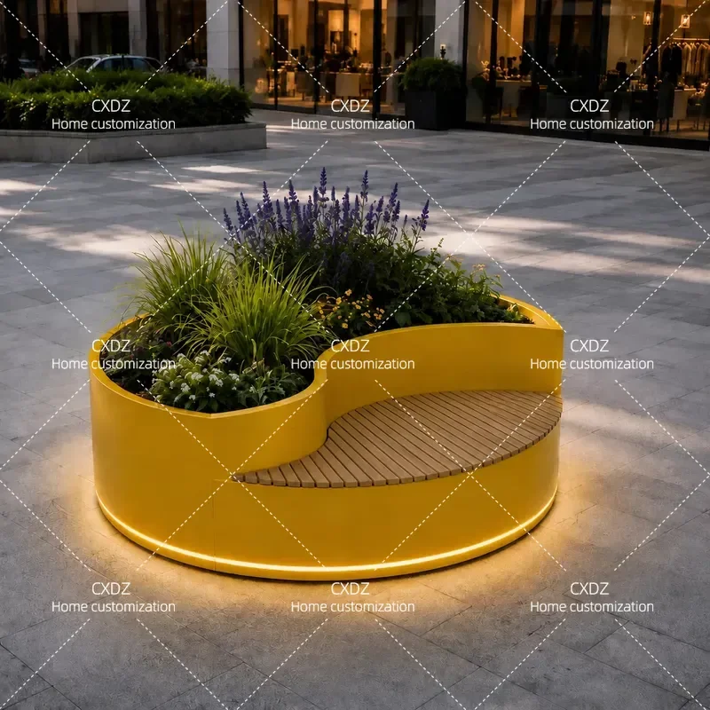 Modern Simple Curved Flower Box Bench Wood Grain Planter Seat Combination for Indoor Outdoor Garden Decoration Green Plant