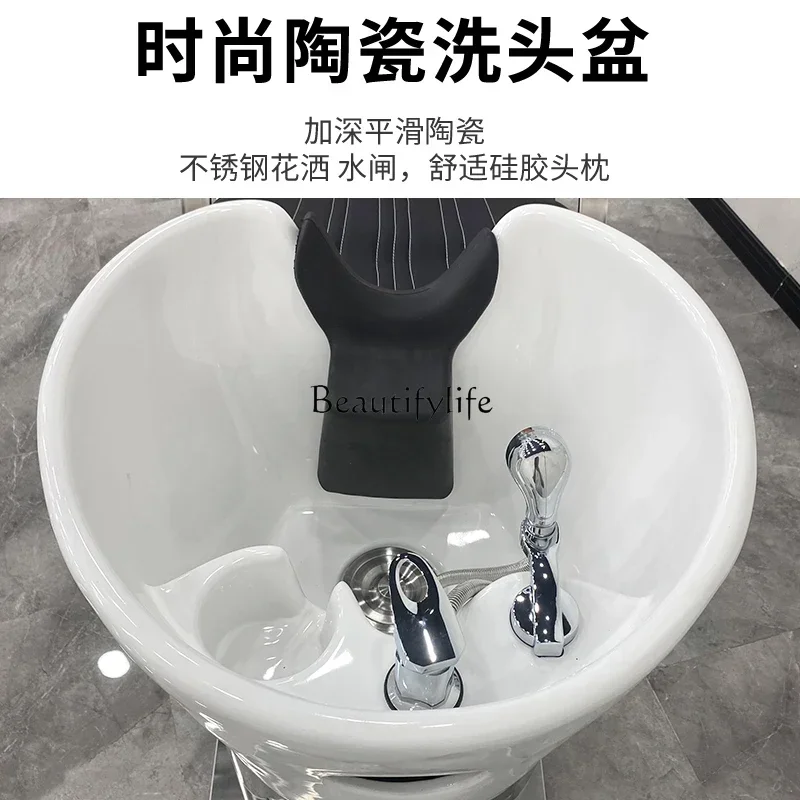 ls 04Customized Ceramic Basin Shampoo Barber Shop Hair Salon Lying Half Hair Salon Stainless Steel Flush Massage Couch