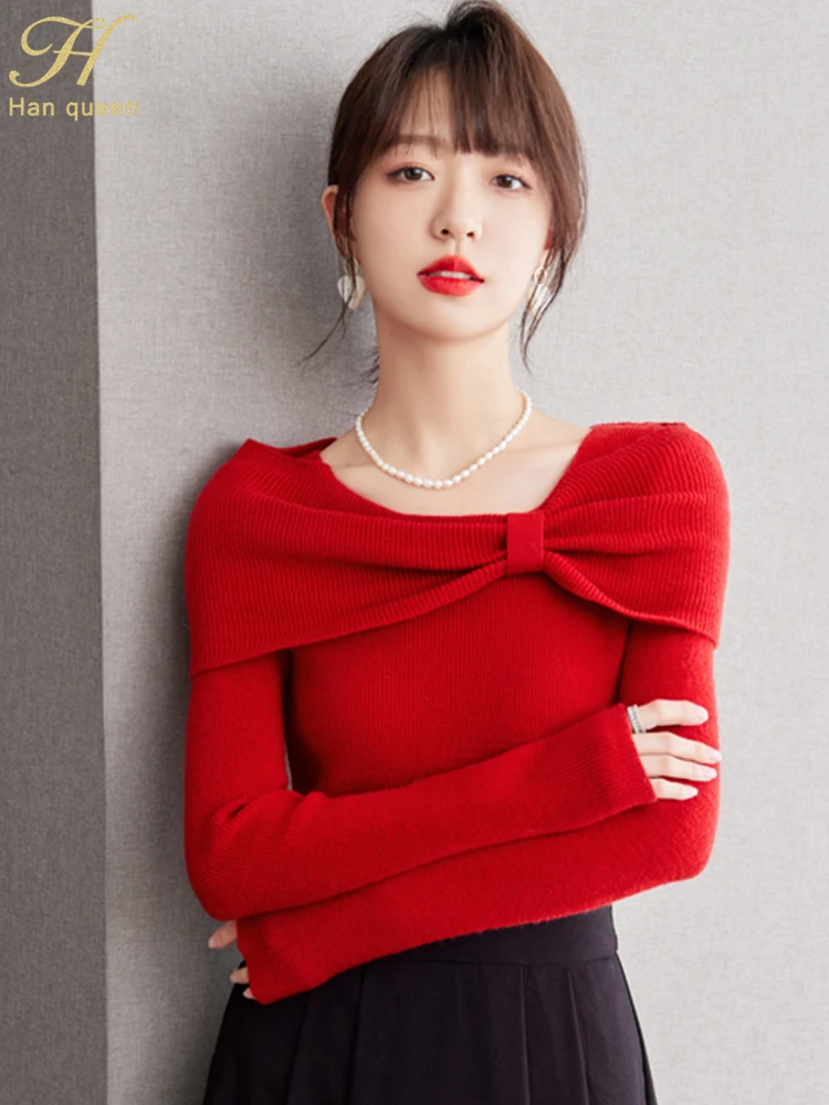 H Han Queen Autumn Top New Korean Bow Vintage Red Elastic Knitted Pullover Sweaters Simple Basic Bottoming Shirt Sweater Women