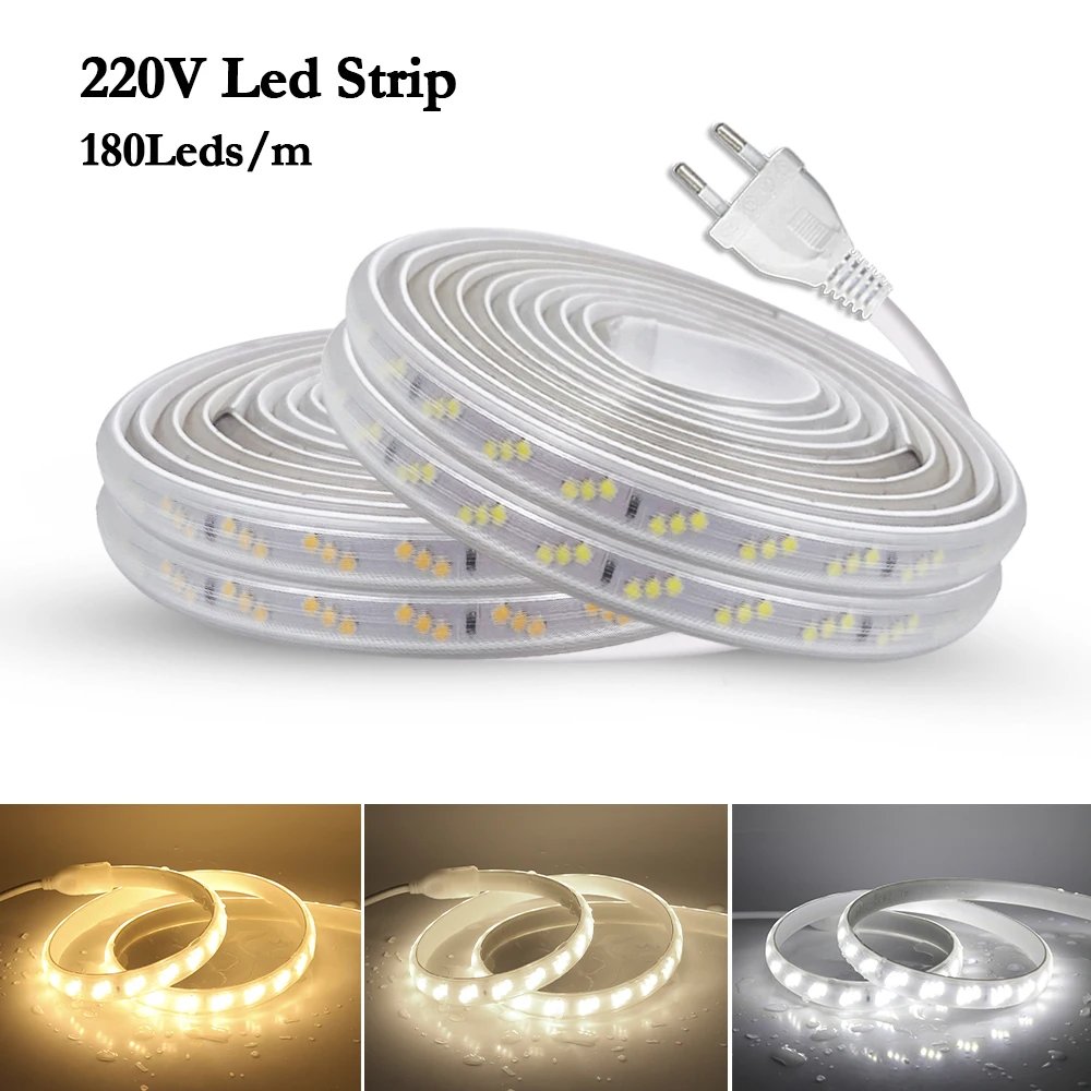 

Super Bright LED Strip Light 220V 2835 180LED/m IP65 Waterproof Ribbon Tape Warm Natural Cold White LED Lights with EU/UK Plug