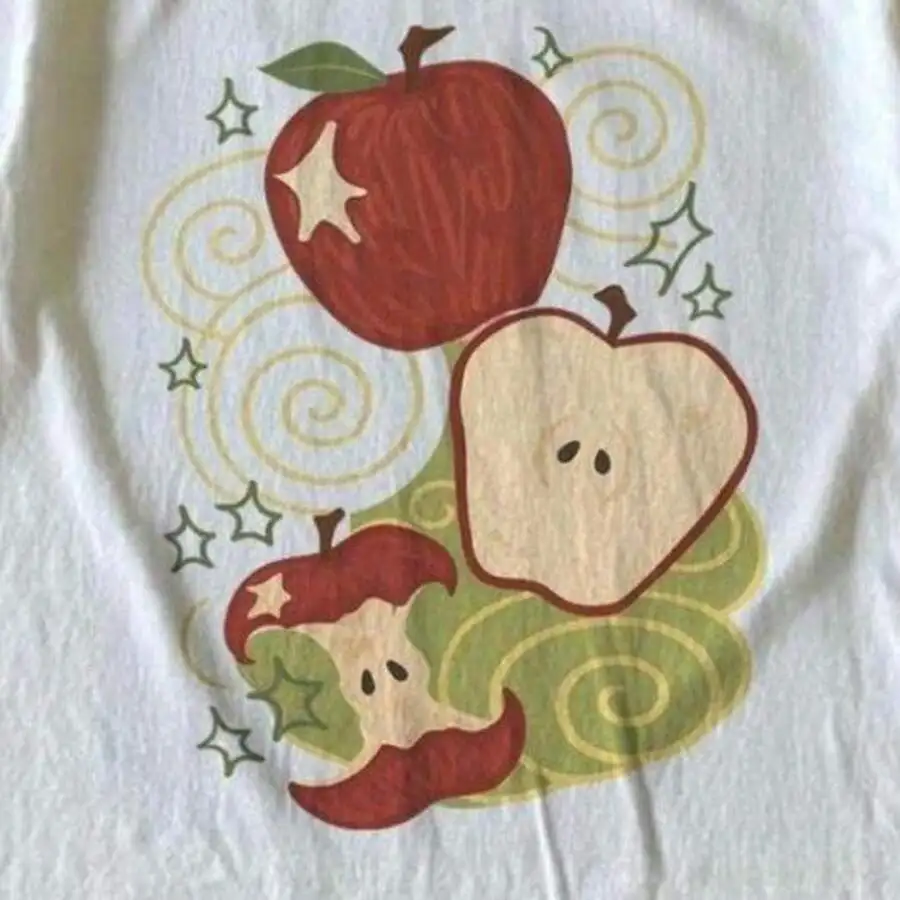 Unisex Cottagecore Soft Y2K Casual Tops 1Pc White Oversized Short Sleeve Vintage Bitten Red Apple Star Swirl Fruit Print Kawaii Aesthetic Tees