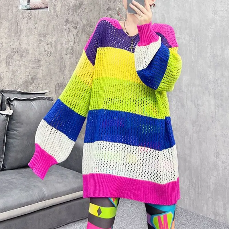 Women\'s Clothing Contrasting Colors Striped Knitted Sweaters Korean Long Sleeve Spring Autumn Stylish Hollow Out Loose Jumpers