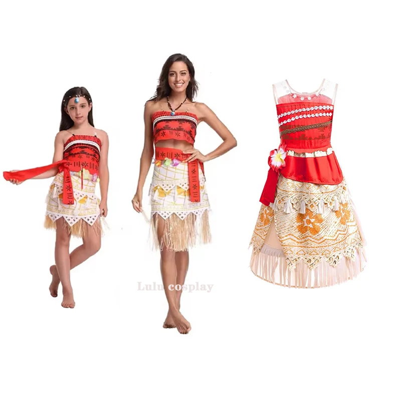 

Детский костюм принцессы Vaiana Moana для Хэллоуина, платье для взрослых, ожерелье, парик, праздничное платье Моаны для девочек, костюм для косплея