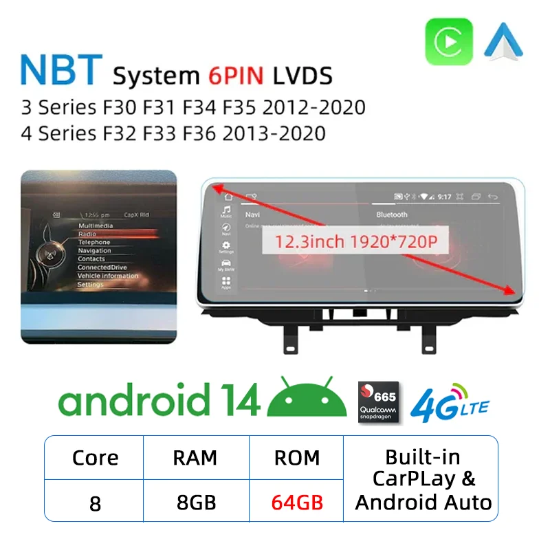 12.3inch Carplay Screen For BMW 3 4 Series F30 F31 F34 F35 F32 F33