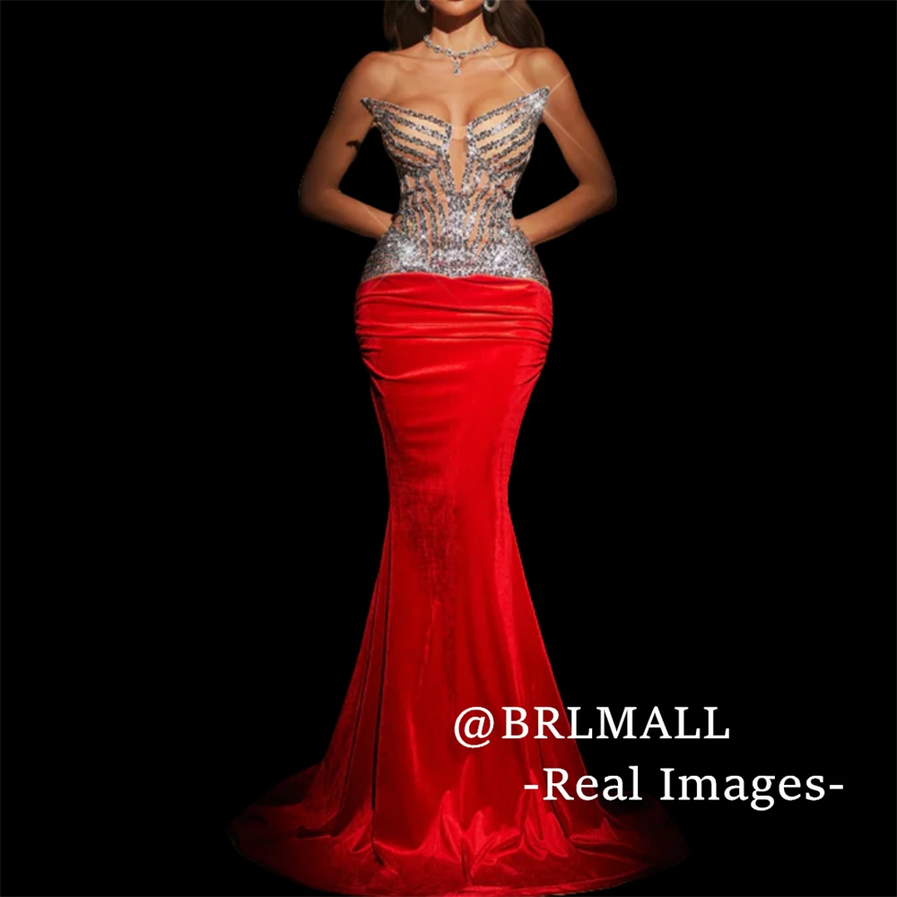 Strapless Velvet Prom Dress Women Silver Beaded Sheath Formal Evening Dresses Real Photos BRLMALL Party Gown Wedding Guest Dress