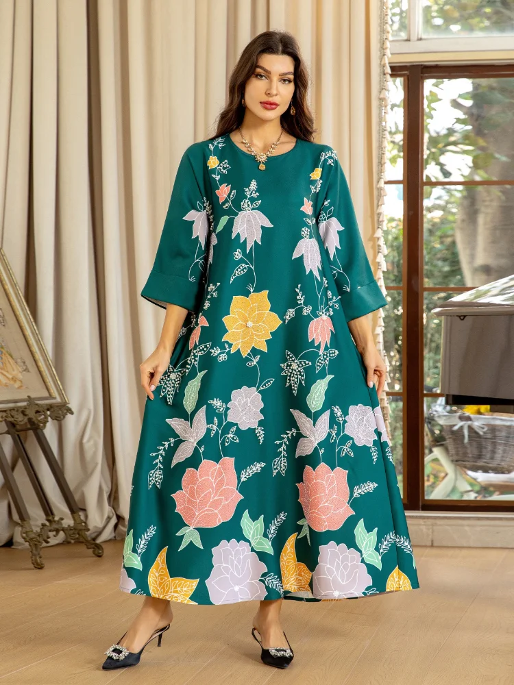 Eid Muslim Jalabiya Abaya Women Party Dresses Ramadan Morocco Dubai Diamond Kaftan Vestidos Flower Print Diamonhd Arab Long Robe