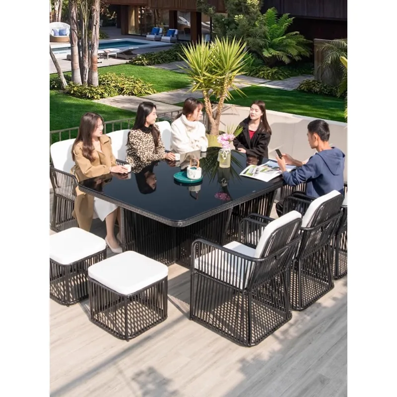 

Outdoor tables and chairs Leisure woven rattan chairs Garden balcony storage combination dining table Aluminum alloy rectangular