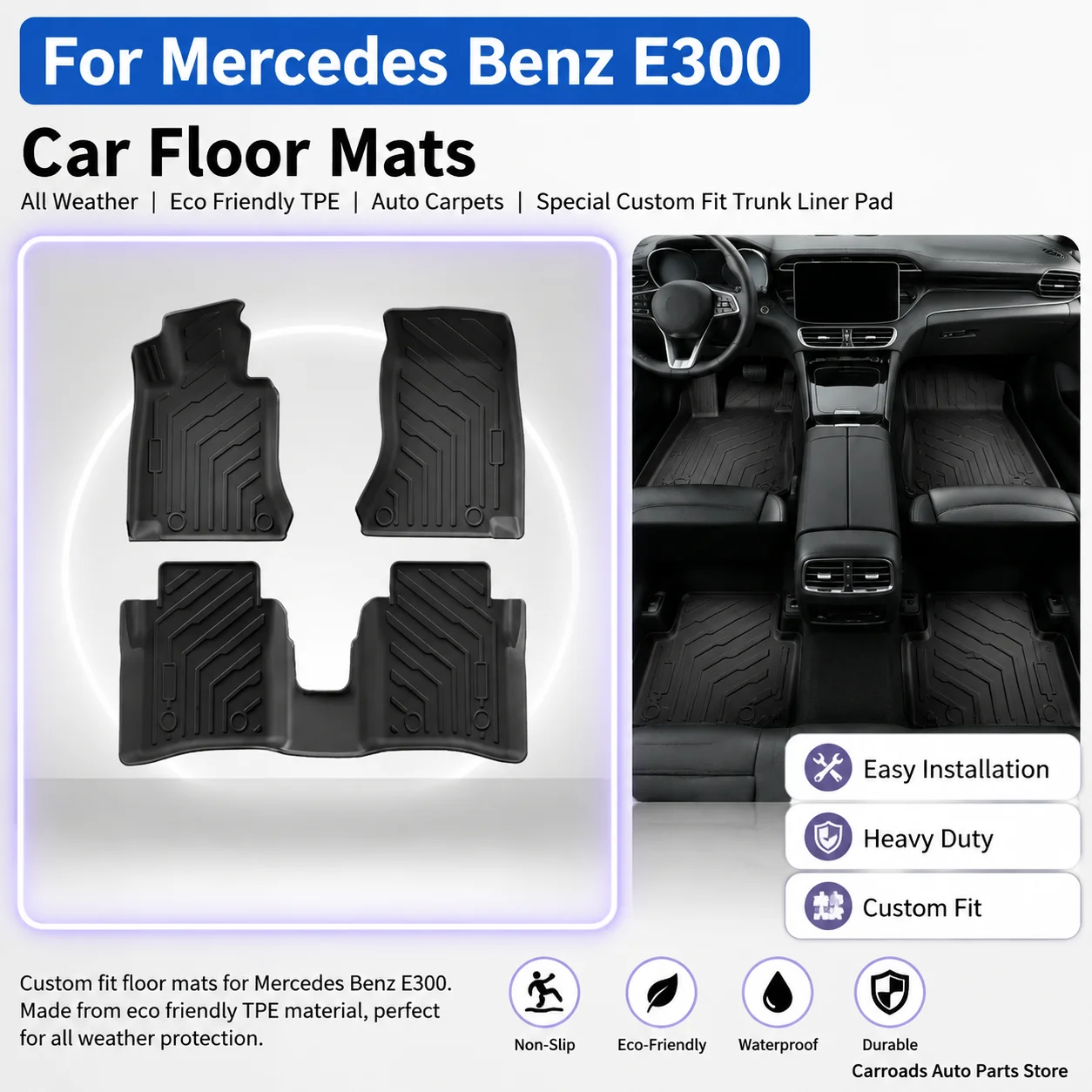  (LHD)For 24-25 Mercedes Benz E300 Car Floor Mats All Weather Eco Friendly TPE Auto Carpets Special Custom Fit Trunk Liner Pad