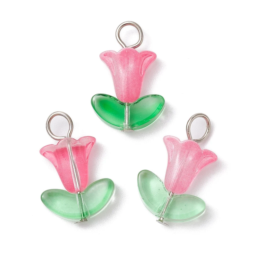 10pcs Hot Pink Morning Glory Glass Pendant Green Leaf Flower Charms for Earring Bracelet Necklace Jewelry Making 21~22x14x6mm