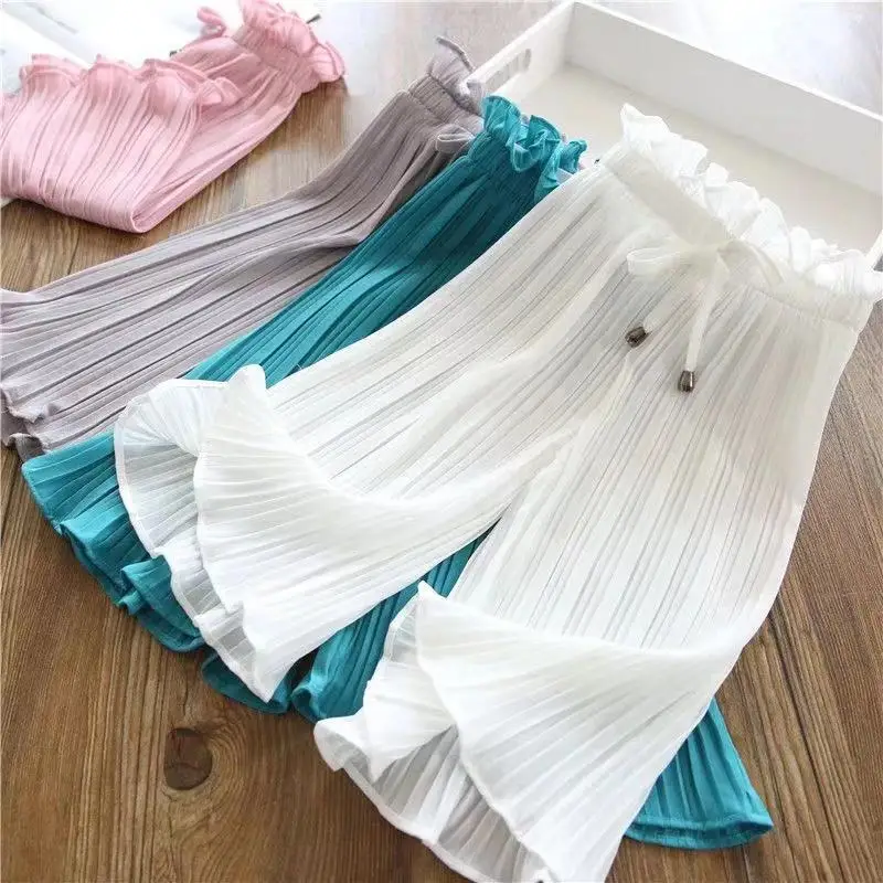 Thin Chiffon Pants Toddler Kids Loose Pleated Fashion Baby Trousers with Lining Teenage Girls Summer Wide Leg Pants