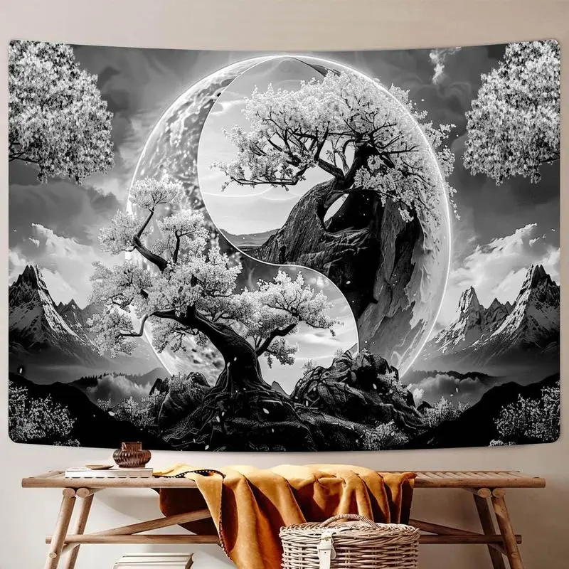 VIKAMA Yin Yang Cherry Tree Mountain Tapestry, Psychedelic Zen Oriental Hippie Wall Hanging for Bedroom Dorm Decor