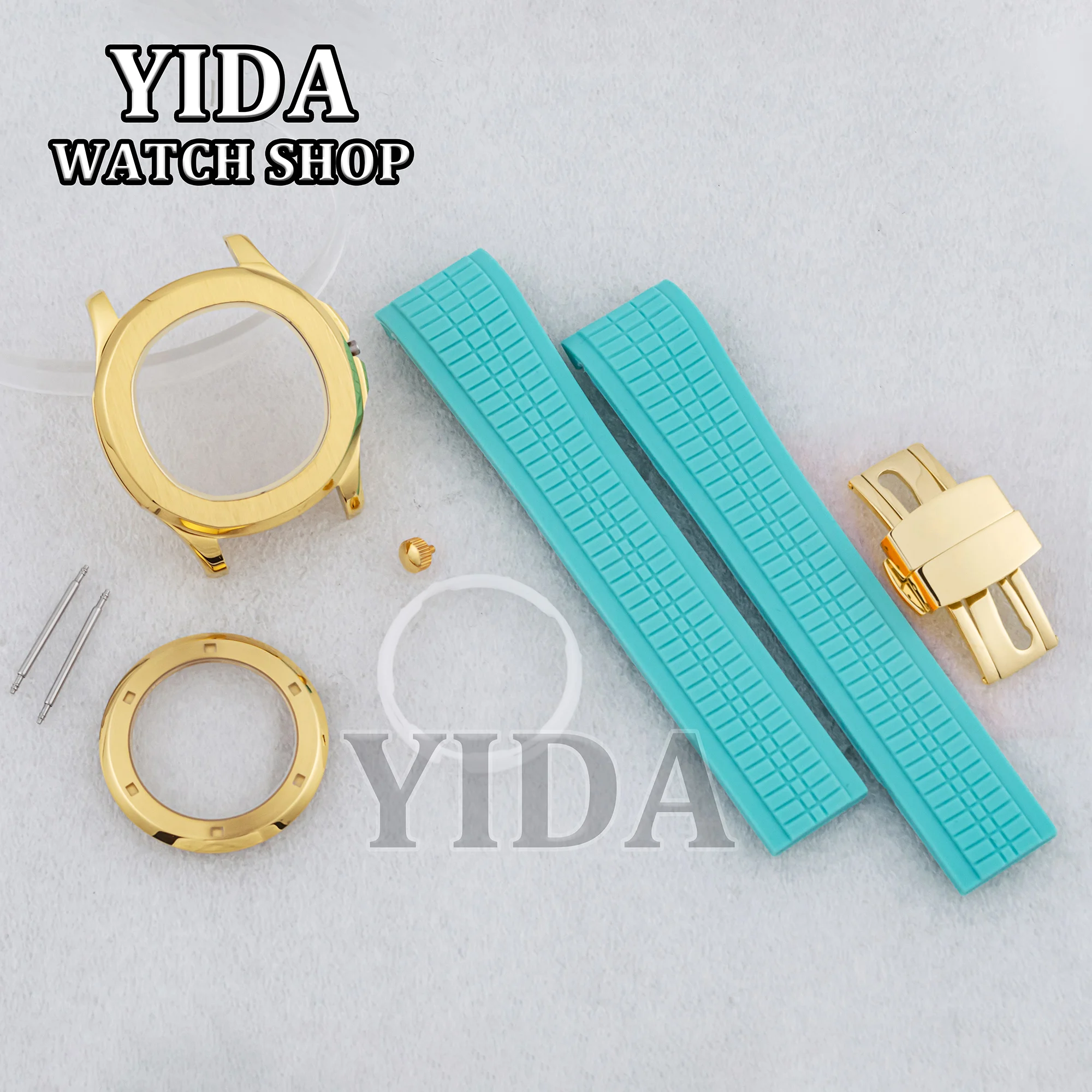 

42MM Mod Watch Case Rubber Strap PVD Gold Sapphire Glass 100M Waterproof Watch Parts for AQUANAUT Nautilus NH35 NH36 Movement