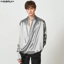 INCERUN Men Shirt Solid Color V Neck Long Sleeve Satin Fashion Camisas 2023 Streetwear Loose Casual Irregular Male Shirts S-5XL