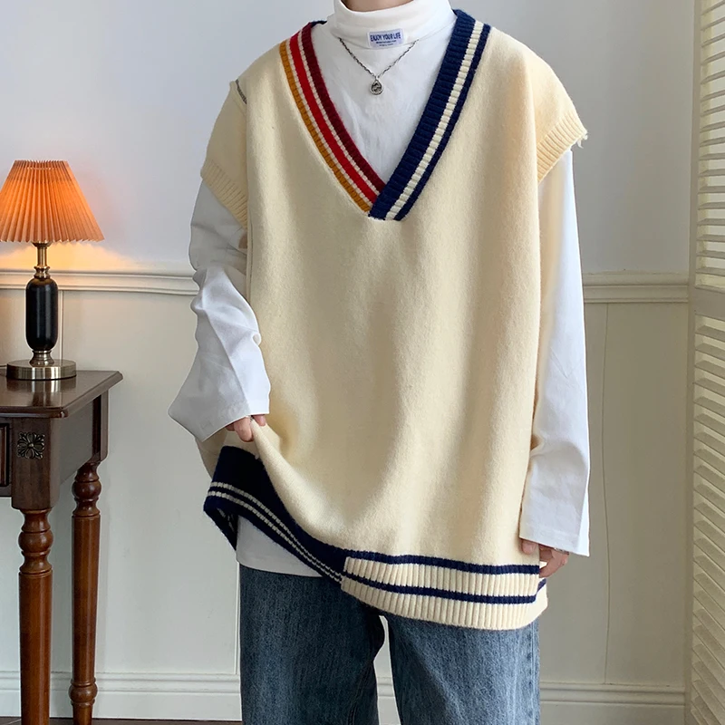 Oversize Sweater Vests Men Patchwork V-neck Striped Big Size 5XL Preppy Style Couple Soft Knitwear Leisure Sleeveless Jumpers