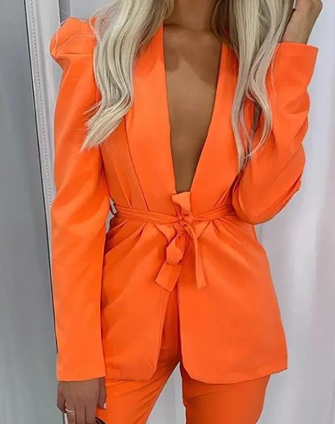 Shawl Collar Fluffy Sleeve Strap Suit Pants Set 2023 New Hot Selling Women's Long Sleeves