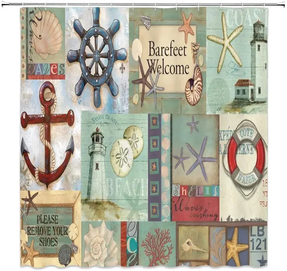 Nautical Shower Curtains Decor Anchor Starfish Lighthouse Rudder Lifebuoy Shell 3D Vintage Marine Life Theme Fabric Bathroom Set