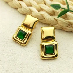 Charm Green Glass Square Earrings for Women Girls Stainless Steel Gold Color Party Female Ear Studs Jewelry Gifts  ZZZ1086