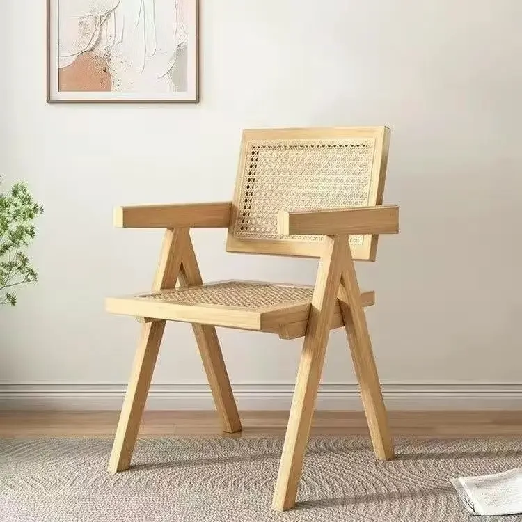 Rattan-woven chairs accommodation hotel home use solid wood dining chair Nordic log armrest back Chandigarh chair rubber