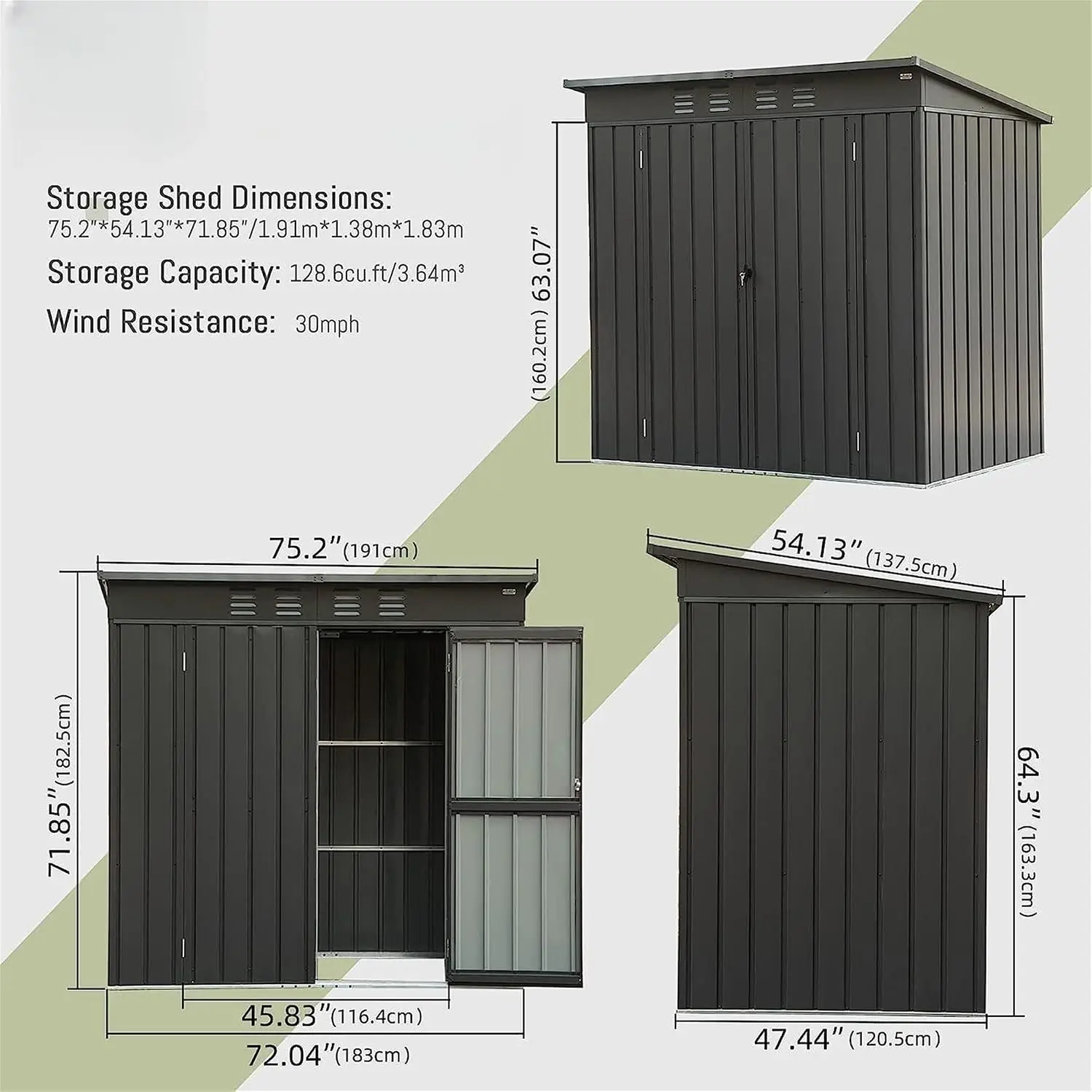6x4ft Outdoor Storage Shed, Galvanized Steel Garden Shed with Sloping Roof, Lockable Double Doors and 16 Air Vents, Utility Tool Storage for Backyard Patio