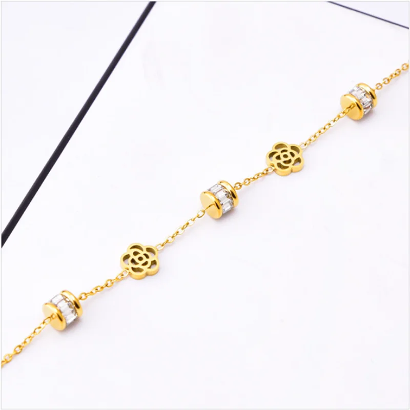 316L Stainless Steel New Fashion Fine Jewelry Zircon Good Luck Beads Welding Rose Flower Charm Chain Bracelets For Women