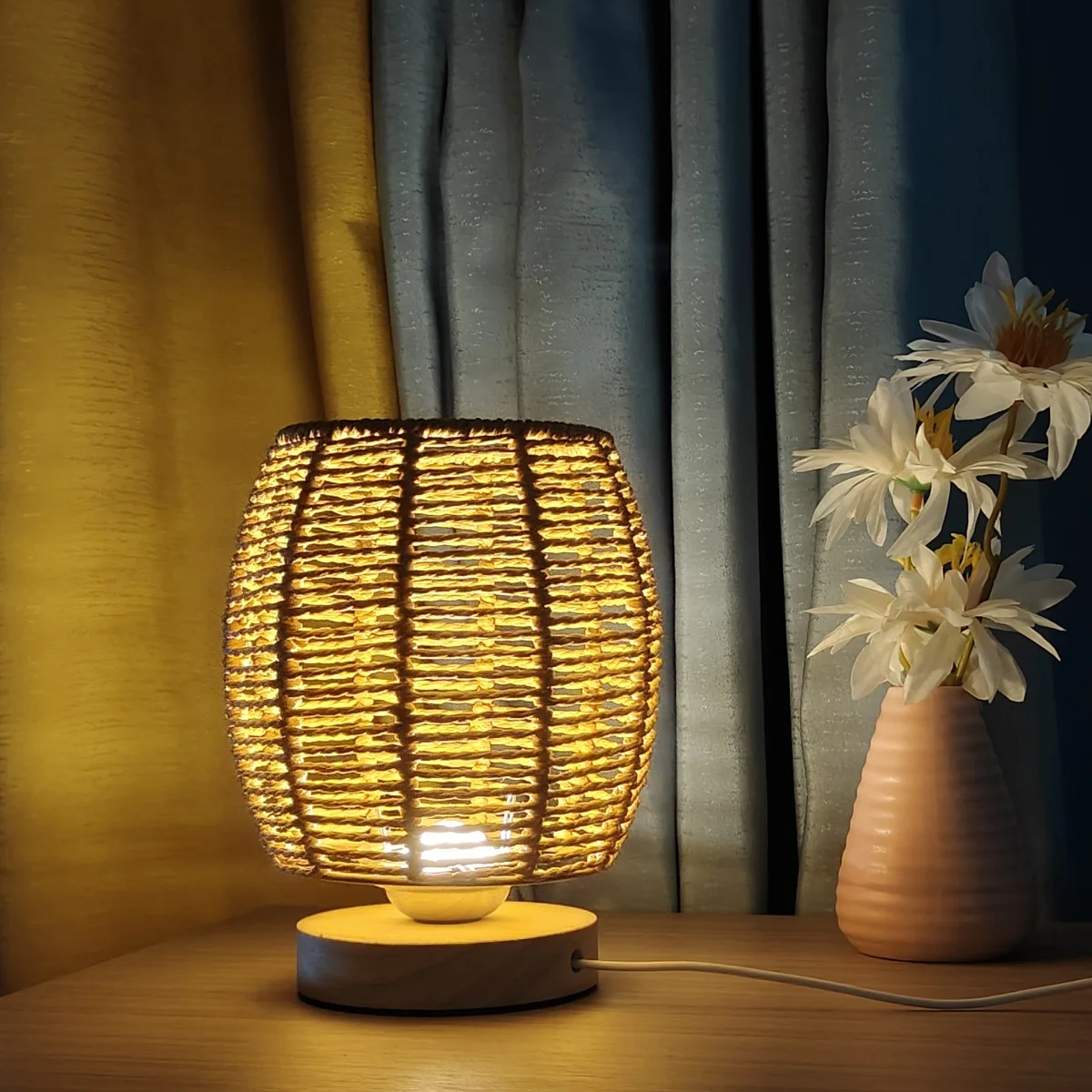 Countryside style hemp rope table lamp for home warm lighting, suitable for bedrooms, study rooms, living rooms