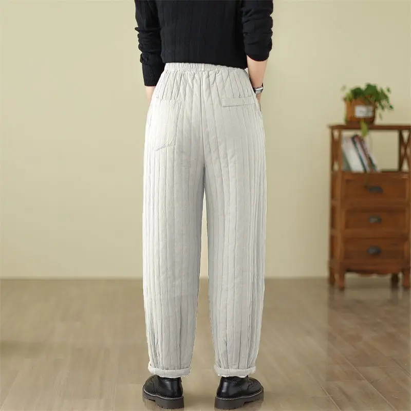 Retro Stripe Versatile Quilted Casual Pants Cotton Linen Thickened Warm Women\'s Literature Large Size Solid Color Trosures Z3570