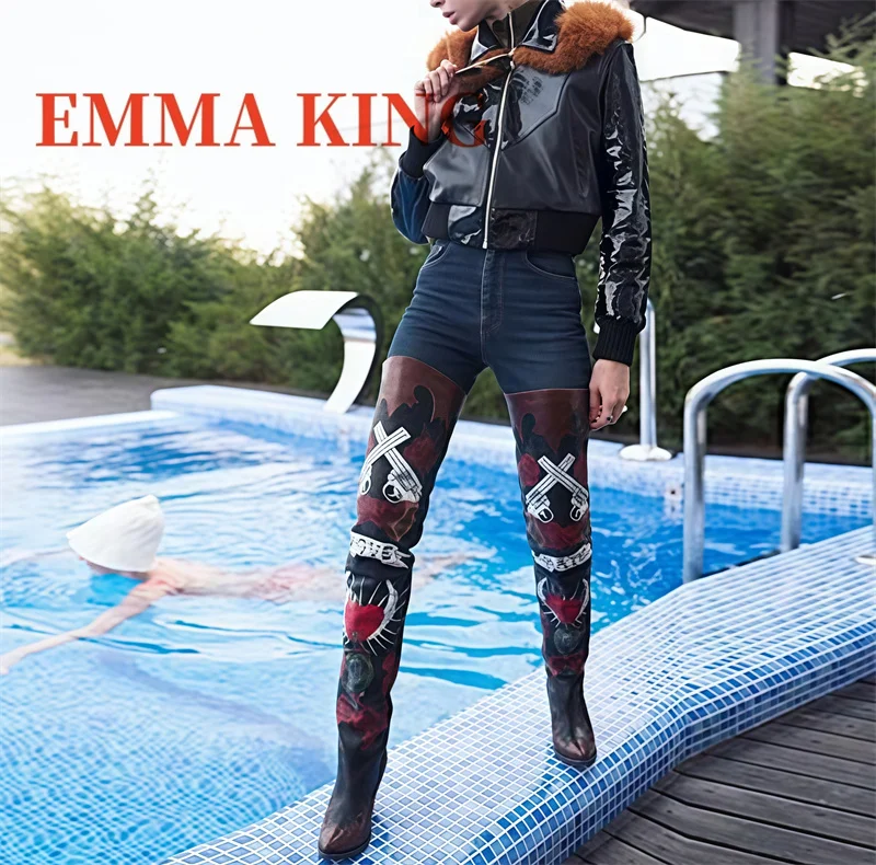 2025 جديد الخريف الشتاء راعية البقر الأحذية مثير أشار تو 8 سنتيمتر إسفين الكعوب الفخذ أحذية عالية روز طباعة قبعات رعاة البقر الغربية Bootie 35-44 #4