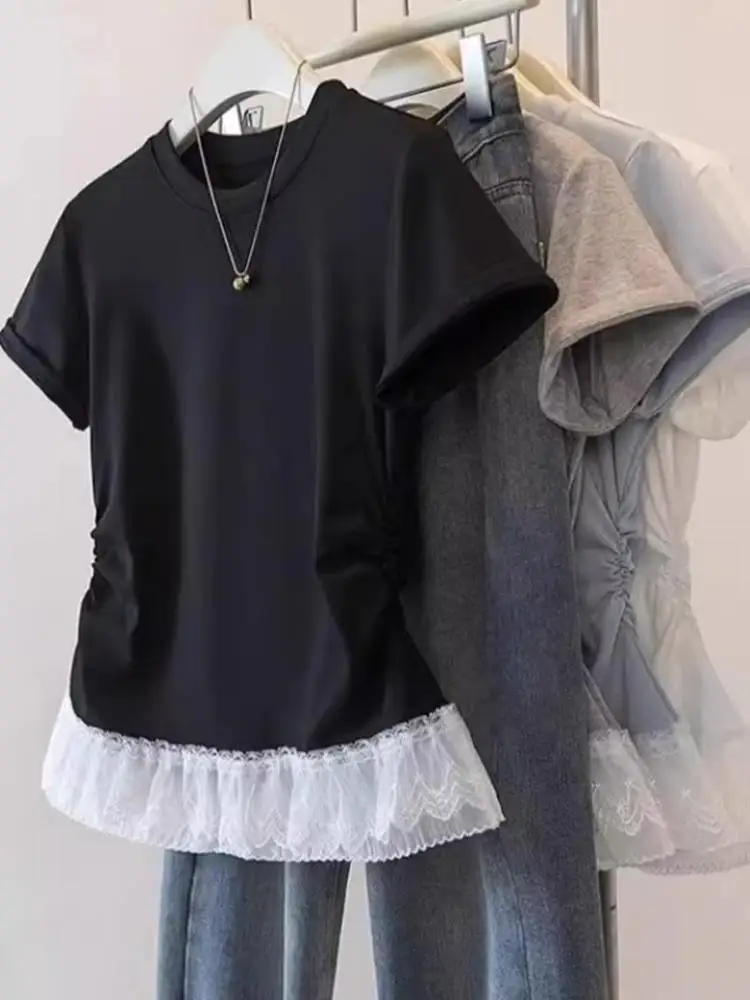 

plus Size 300 Pou Women's Lace Hem ort Sve T-irt Slimming Top Korean Sle Cotton Summer Faion Commute Wear