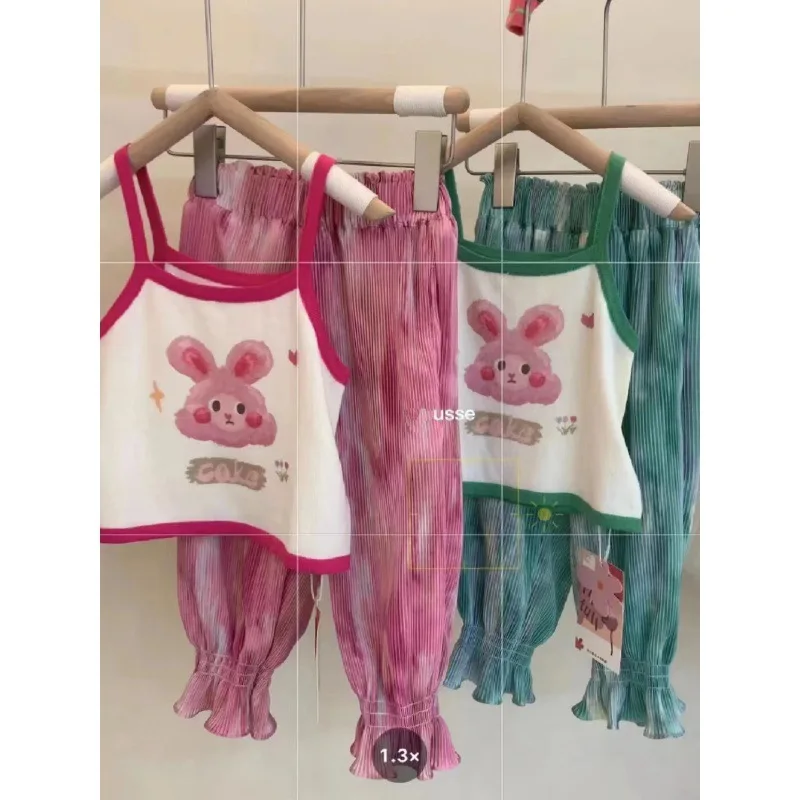 

2023 Summer Children's Set Strap Top+Casual Pants Children's Cute Rabbit Print Set