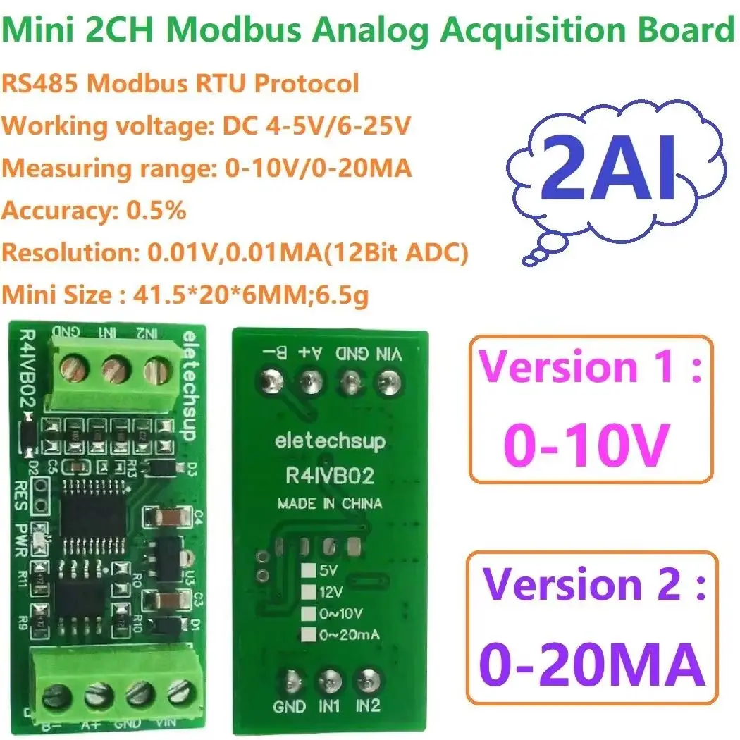 

4-20mA 0-10V PLC HMI Analog Remote IO Expa Low-Cost 2-AI Modbus RS485 Voltage Current 12Bit ADC Collection Module