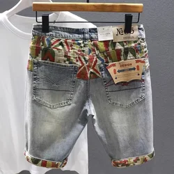 Male Denim Shorts Graphic Men's Short Jeans Pants Straight Ripped Embroidery Selvedge Trend 2024 Distressed Sale Harajuku Blue