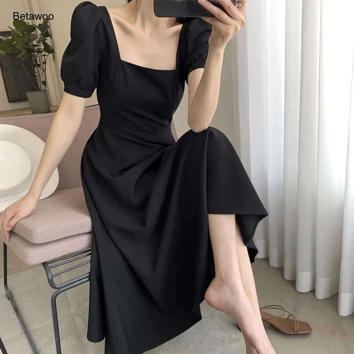 

Women's Black Square Neck Puff Sleeve Midi Dress, High Waist A-Line Swing Casual Dress