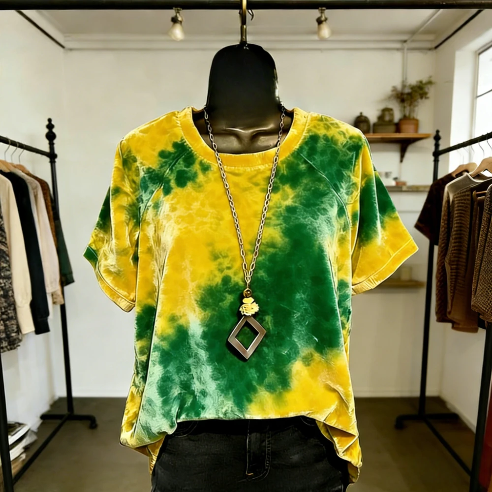 Trendy Tie Dye & Animal Print Ladies Tops Velvet Feel Soft Shirts Loose Fit Short Sleeve Boho Chic Blouse for Women Plus Size