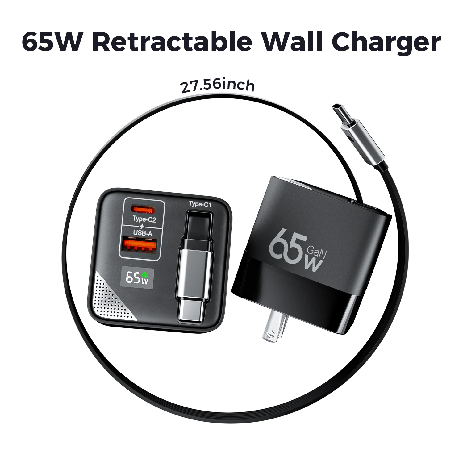 

65W GaN Fast Charger Three-Port Charging Head Built-in 80cm Retractable TypeC Cable for iPhone16 15 14 13 Promax Xiaomi Samsung