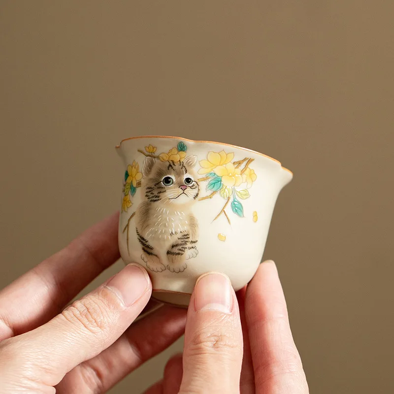 Song Huang Ru Kiln Flower Cup Ceramic Teacup Cute Rabbit Cat Owner Cup Home Tea Cup Single Cup Open Piece Can Be Raised