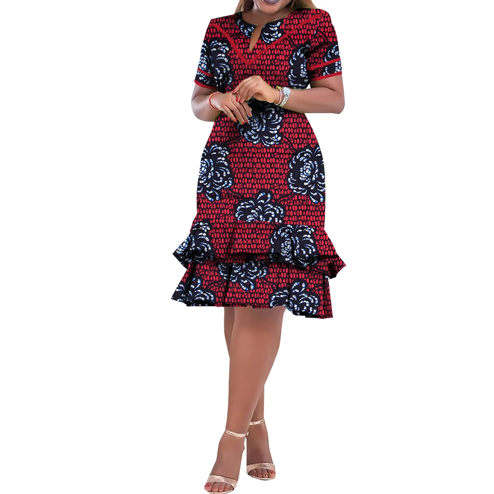 

African Dresses for Women Ankara Clothing Short Sleeve Dress Wax Print Knee Length Party Dresses Robe Africaine WY9880