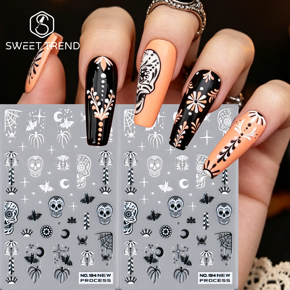 1/2pcs Black White Mexican Sugar Skull Matte Nail Sticker Spider Web Bat Marigold Flowers Decals Gothic Halloween Manicure Decor