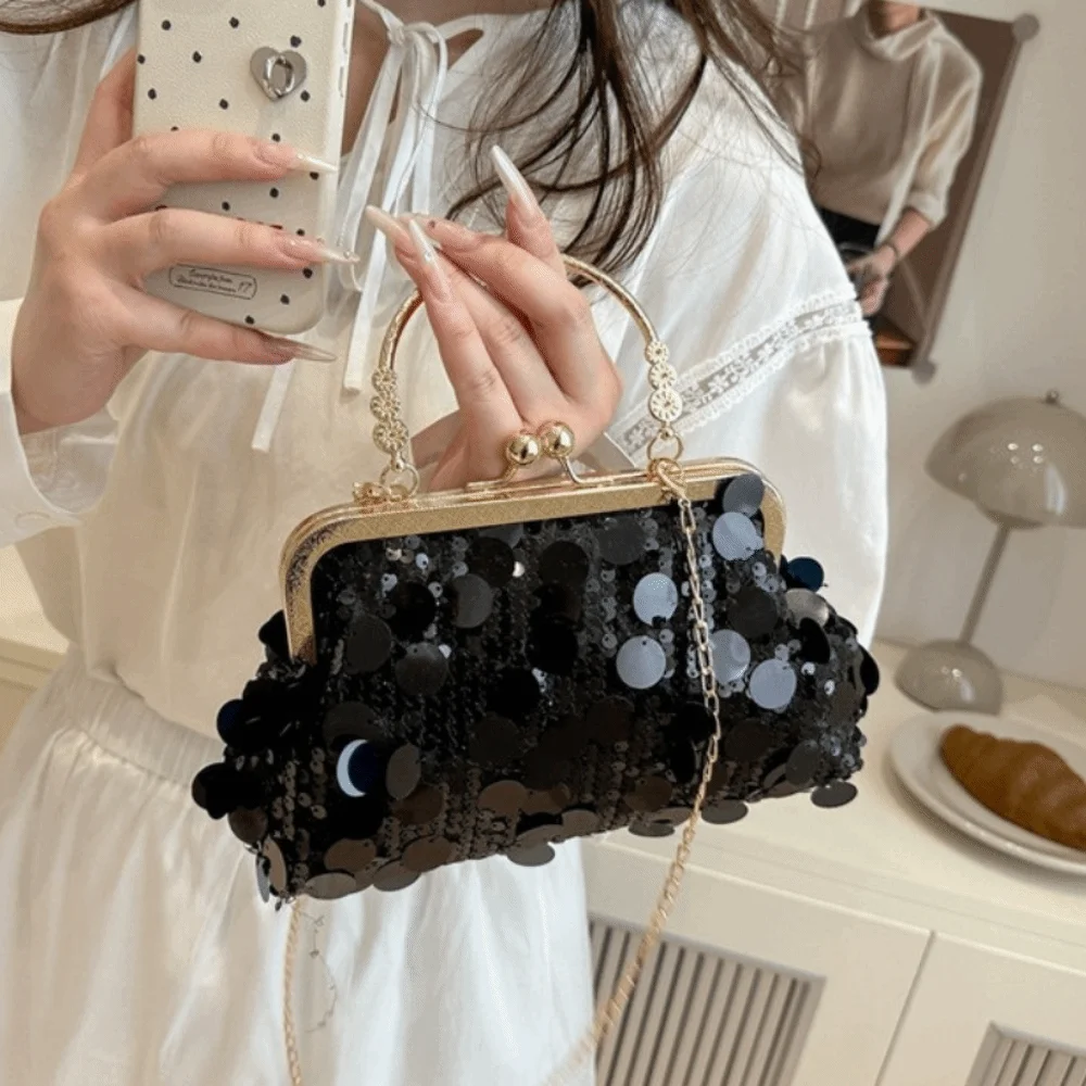 Vintage Sequined Evening Bag Round Handle Large Capacity Shoulder Bag Clip Chain Elegant Crossbody Bag Women