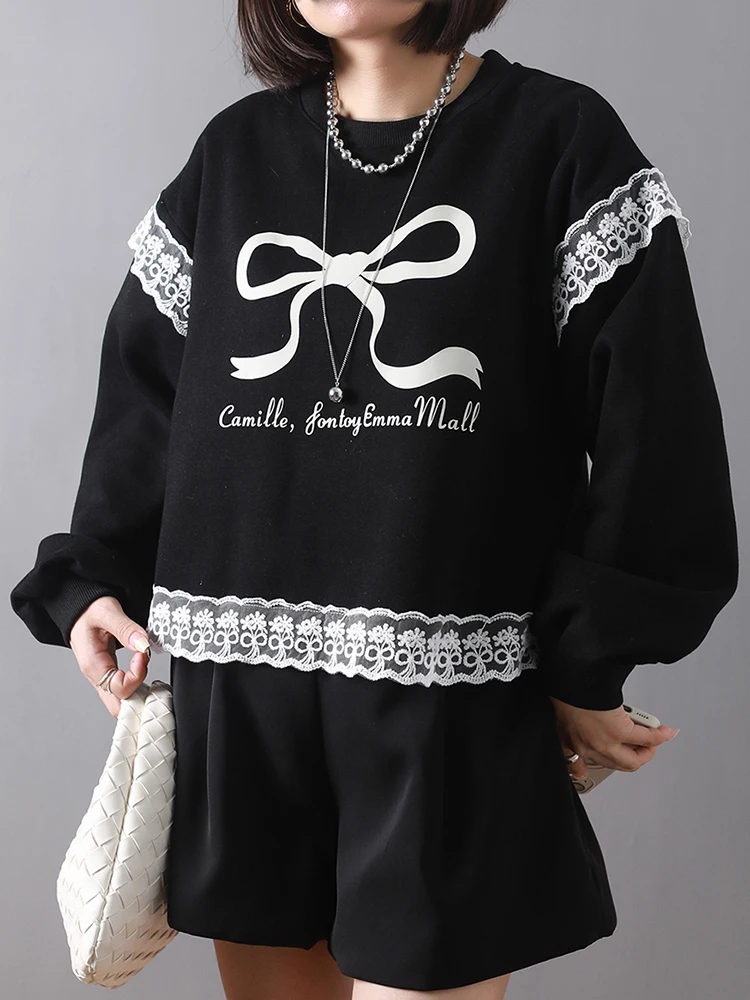 Fashion Lace Printed Bow Sweatshirts Women Black Grey Autumn Winter Long Sleeve Casual Grey Pullovers Female 2024 New Y2K Hoodie