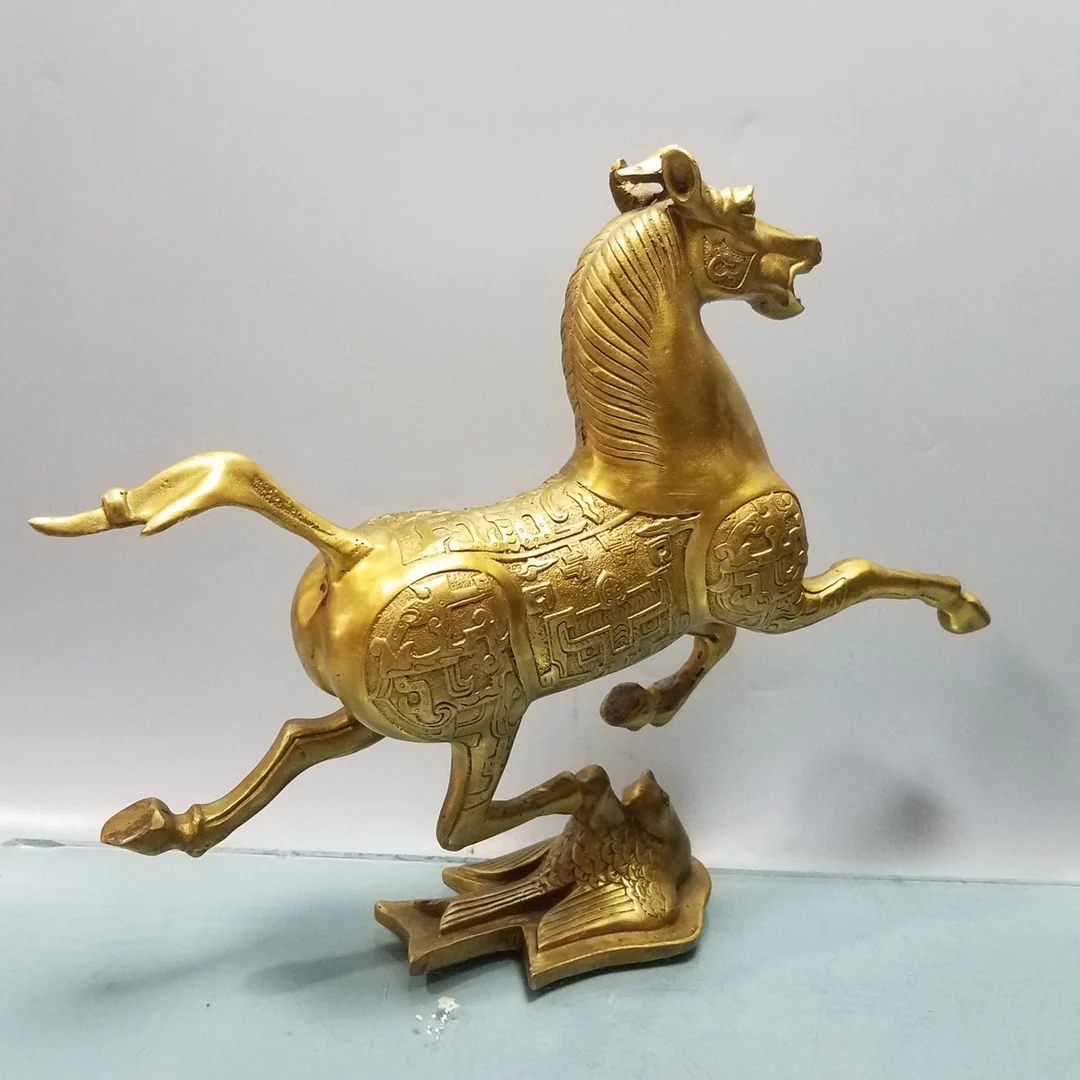 11”Tibetan Temple Collection Old Brass Galloping Horse treading on a flying swallow Horse statue Horseshoe Flying Swallow Statue