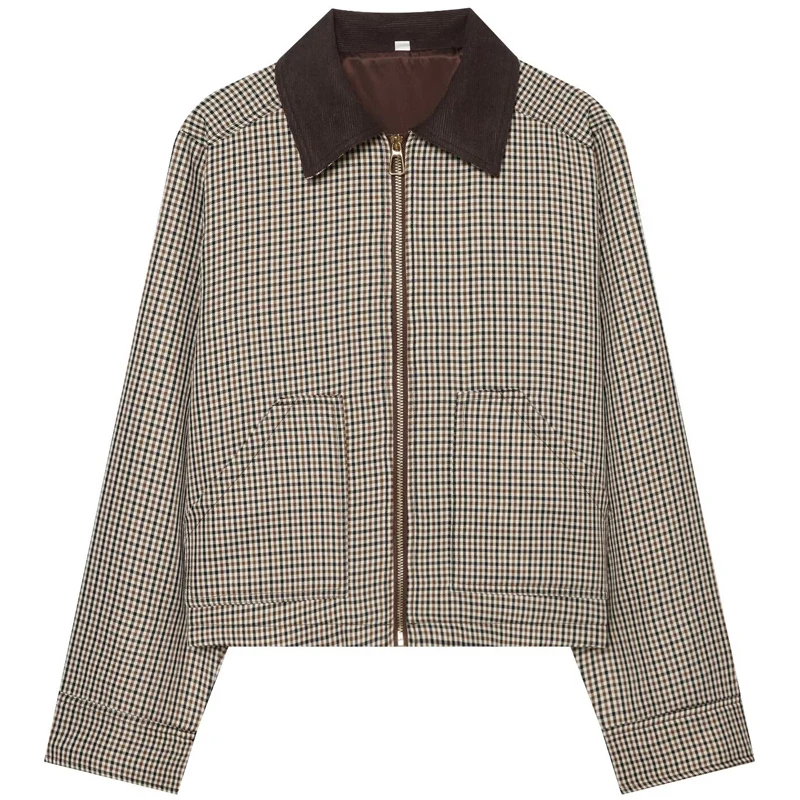 HXAO Women's Cropped Plaid Jacket Autumn 2026 Women's Loose Long Sleeve Top Corduroy Collar Zip Up Outerwears Chic Outdoor Coat